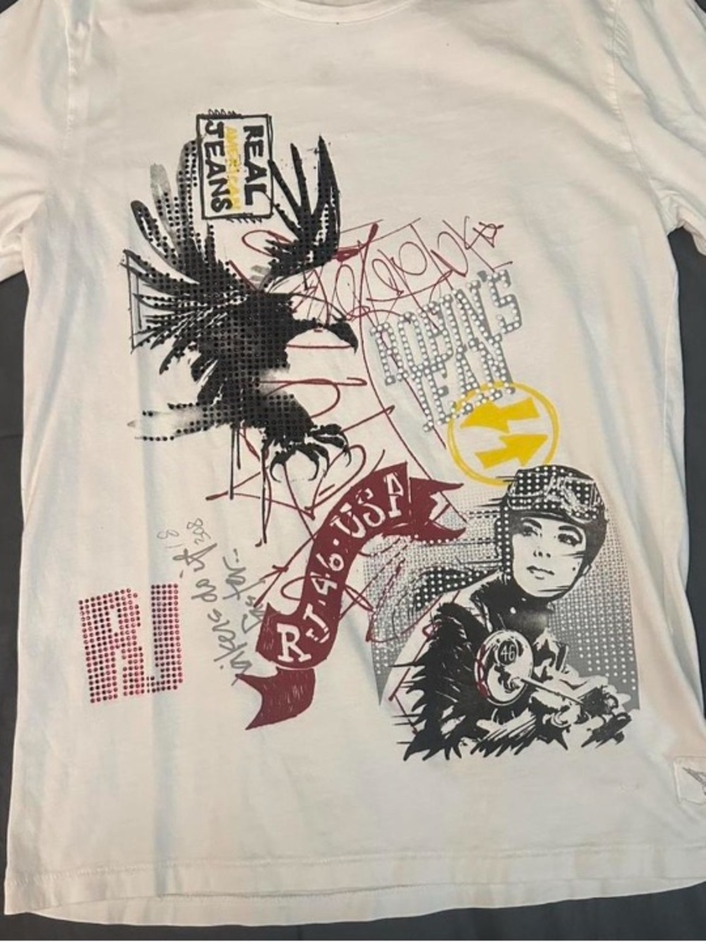 Robin jeans White Graphic Tee with Mixed Print